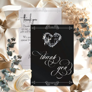 Silver Heart & Calligraphy on Black/White Thank You Card