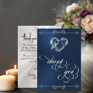 Silver Heart & Calligraphy on Blue/White Thank You Card