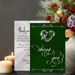 Silver Heart & Calligraphy on Emerald/White Thank You Card