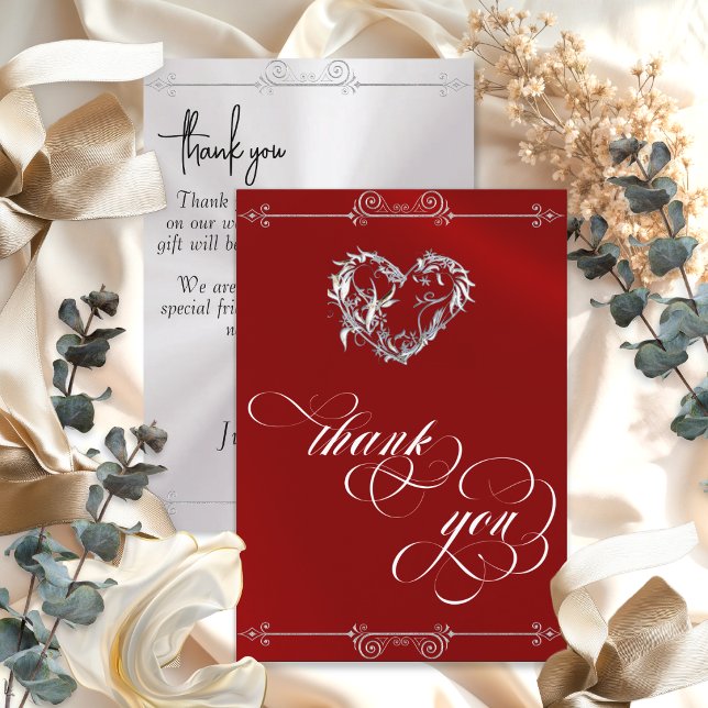 Silver Heart & Calligraphy on Red/White Thank You Card (Creator Uploaded)
