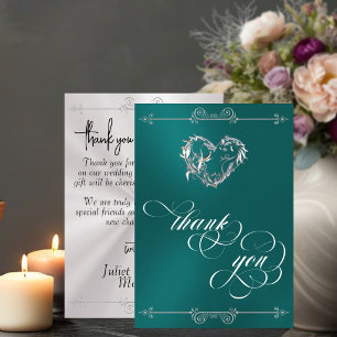 Silver Heart & Calligraphy on Teal/White Thank You Card