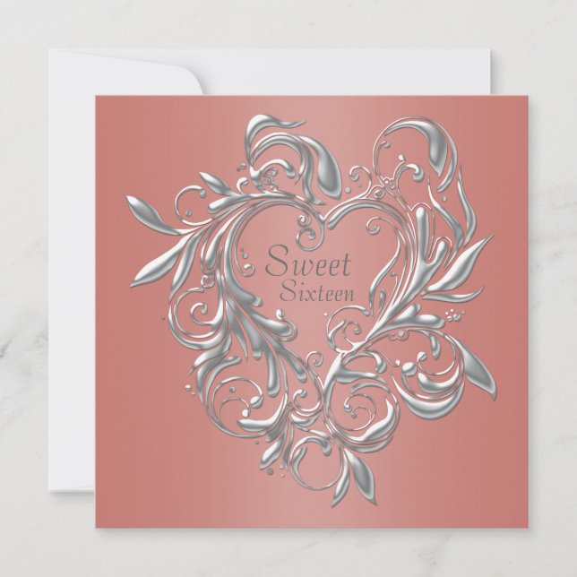Silver Heart Coral Sweet Sixteen Birthday Invitation (Front)