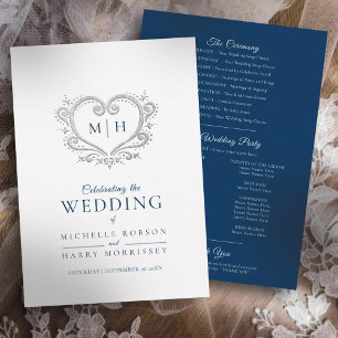 Silver heart dark blue and white wedding program programme