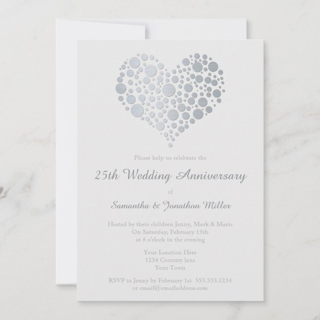 Silver Heart Faux Foil 25th Wedding Anniversary Invitation (Front)