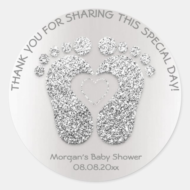 Silver Heart Feet Baby Shower Favour Thank You Gre Classic Round Sticker (Front)