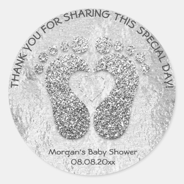 Silver Heart Feet Baby Shower Favour Thank You Gre Classic Round Sticker (Front)