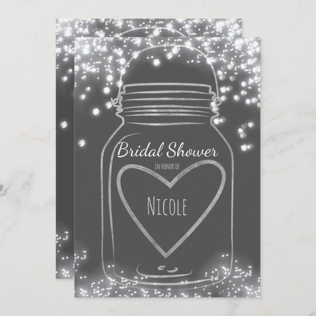 Silver Heart Mason Jar & Sparkle Lights ANY COLOR Invitation (Front/Back)
