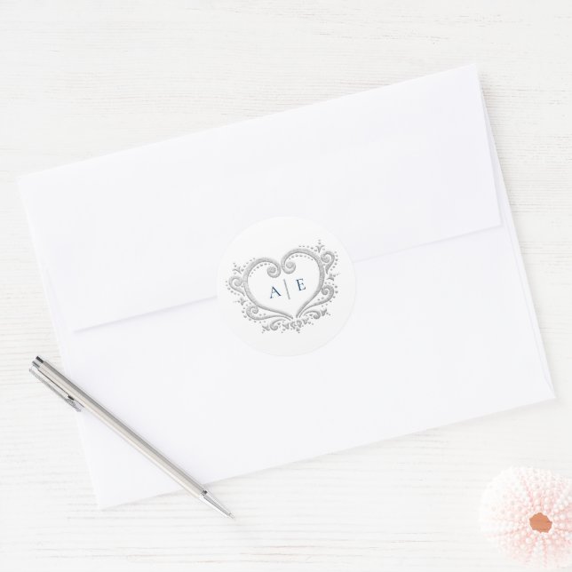 Silver heart monogram blue text on white wedding classic round sticker (Envelope)