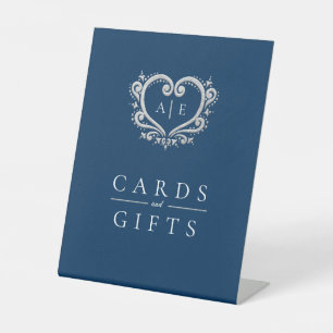 Silver heart monogram blue wedding cards and gifts pedestal sign
