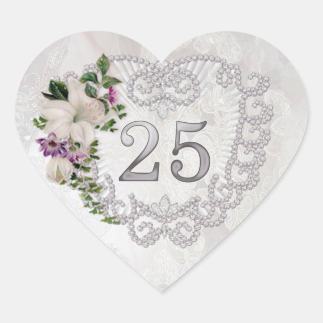 Silver heart, pearl, lily 25th Wedding Anniversary Heart Sticker (Front)