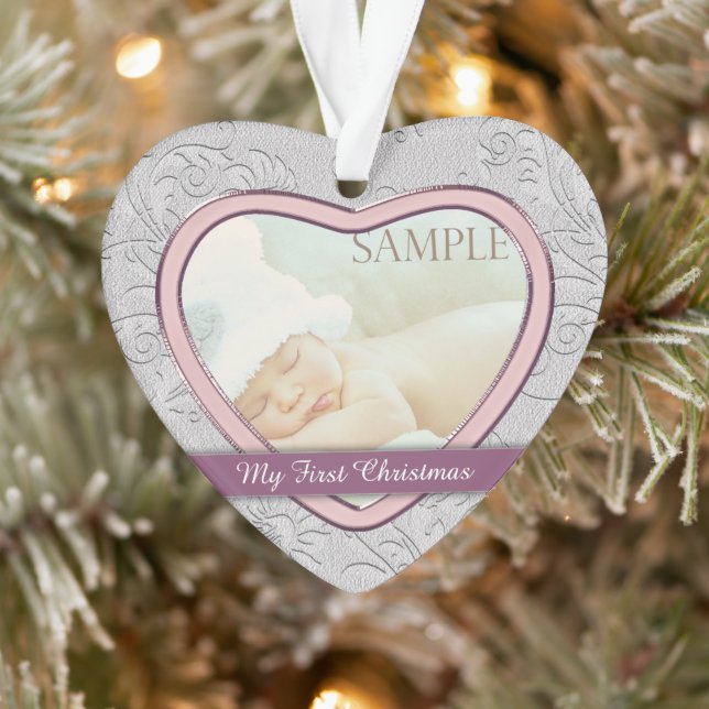Silver Heart Pink Baby Girl First Christmas Ornament (Tree)