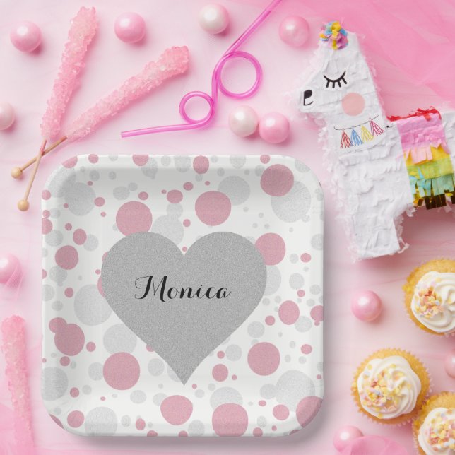 Silver Heart Pink Bridal Shower Polka Dots Party Paper Plate (Party)
