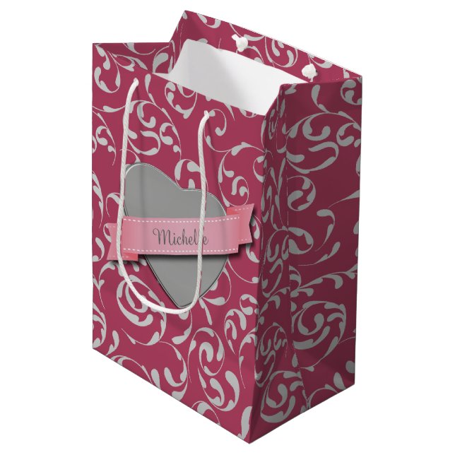 Silver Heart Pink Damask Personalised Medium Gift Bag (Front Angled)