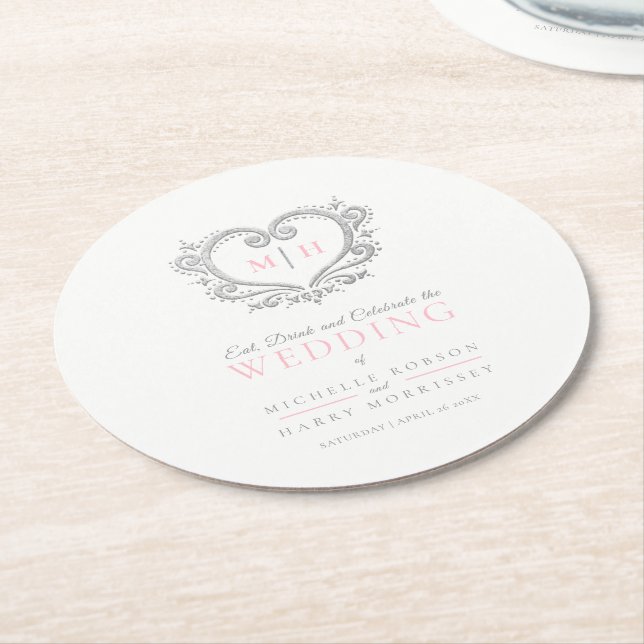 Silver heart pink white wreath monogram wedding round paper coaster (Angled)