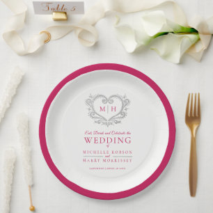 Silver heart red wreath monogram wedding paper plate
