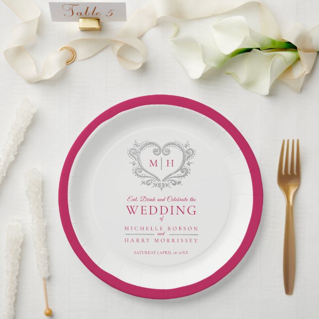 Silver heart red wreath monogram wedding paper plate (Wedding)