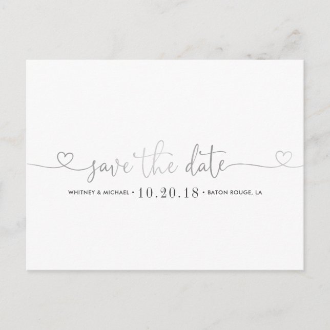 Silver Heart Save the Date Announcement Postcard (Front)