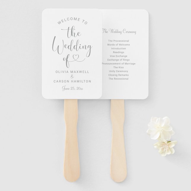 Silver Heart Script Wedding Welcome Ceremony Hand Fan (Front and Back)