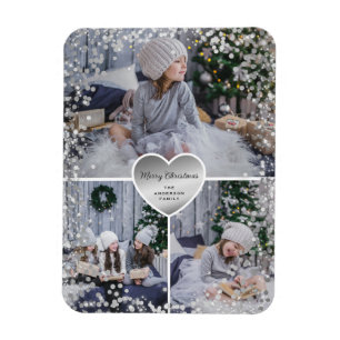 Silver Heart Sparkly Photo Merry Christmas Magnet