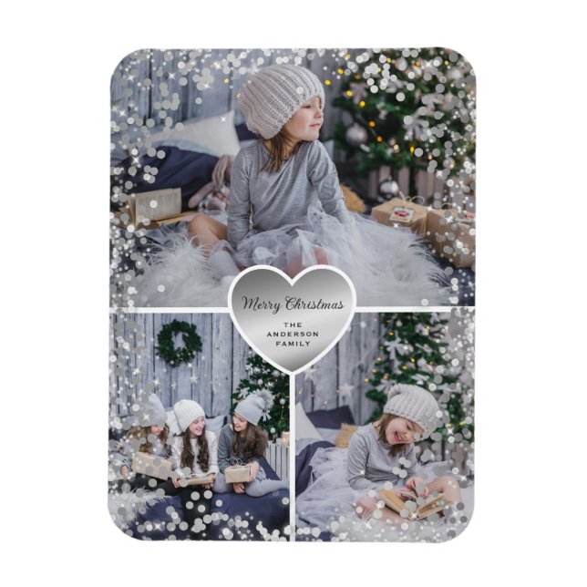 Silver Heart Sparkly Photo Merry Christmas Magnet (Vertical)