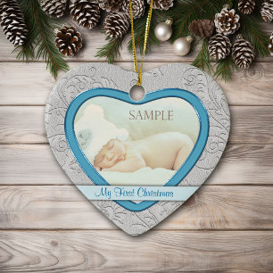 Silver Heart Swirl Baby Boy First Christmas Ceramic Tree Decoration