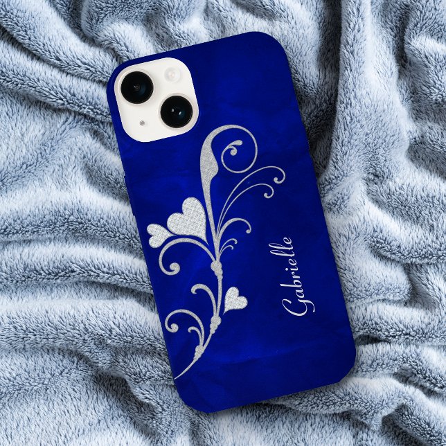 Silver Heart Swirl Sparkle on Blue Case-Mate iPhone Case (Creator Uploaded)