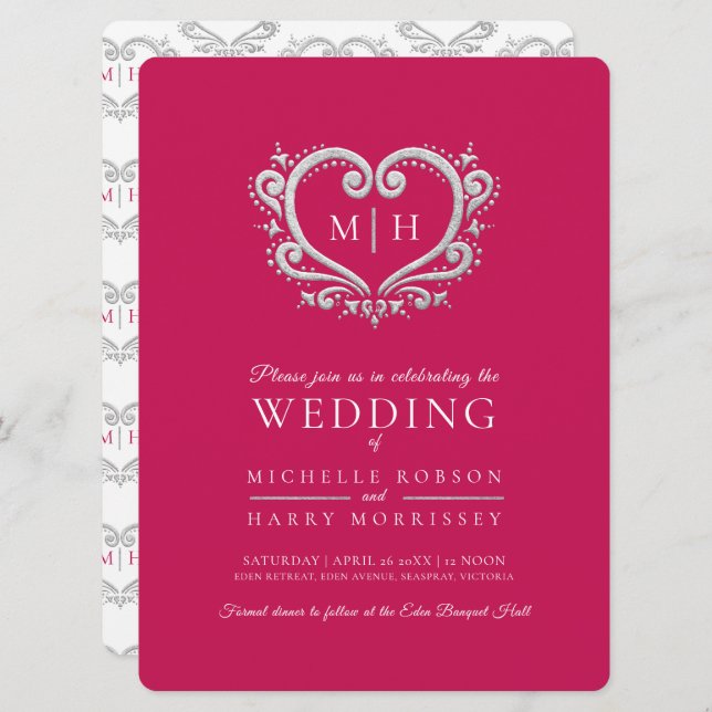 Silver heart wedding berry red and white invitation (Front/Back)