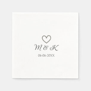 Silver heart wedding couple name letter modern napkin