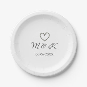 Silver heart wedding couple name letter modern paper plate
