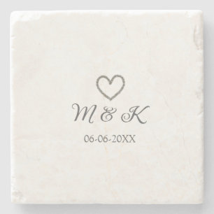 Silver heart wedding couple name letter modern  stone coaster