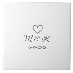 Silver heart wedding couple name letter modern tile