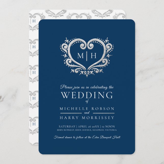 Silver heart wedding dark blue and white invitation (Front/Back)