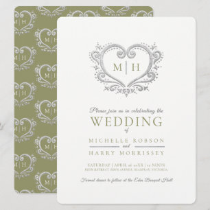Silver heart wedding fern green and white invitation