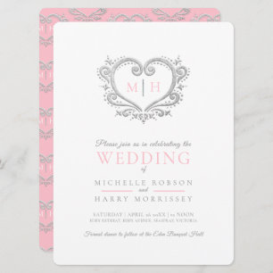 Silver heart wedding pink and white invitation