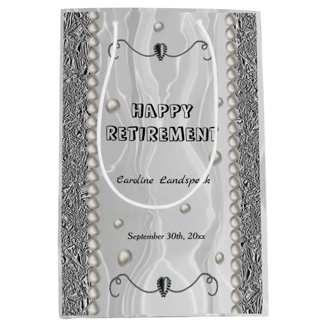 Silver Heart & White Silk for Happy Retirement Medium Gift Bag (Front)