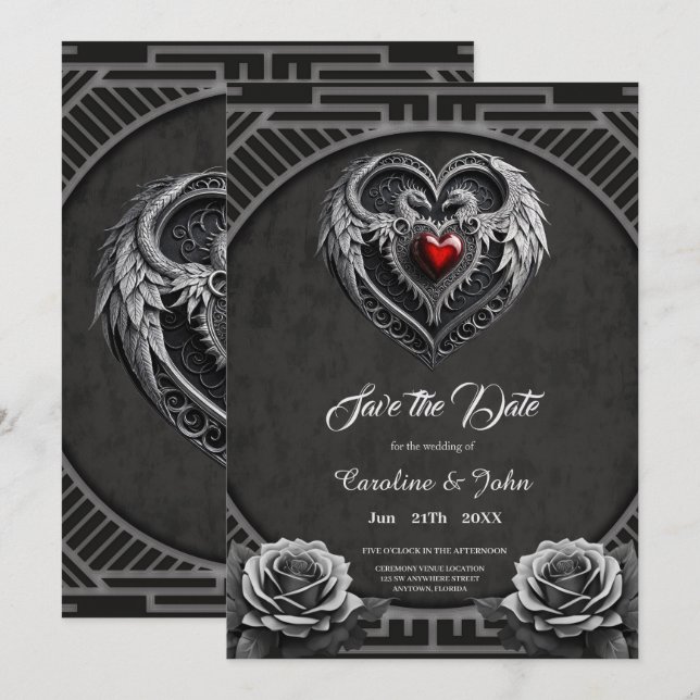 Silver heart with wings. save the date (Front/Back)