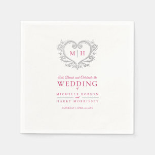 Silver heart wreath monogram wedding napkin