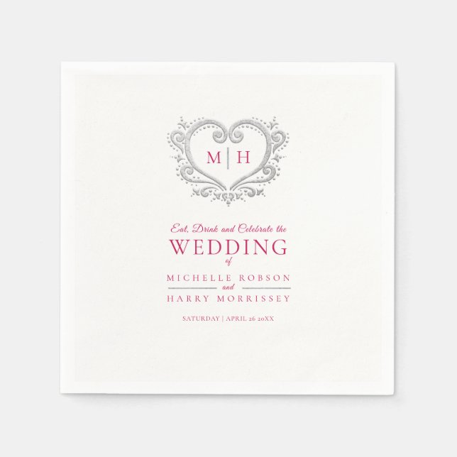Silver heart wreath monogram wedding napkin (Front)