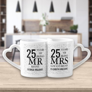 Silver Hearts 25th Anniversary Mr Mrs Right Coffee Mug Set