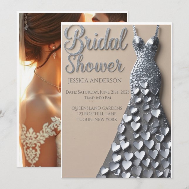 Silver Hearts Bridal Shower Invitation (Front/Back)