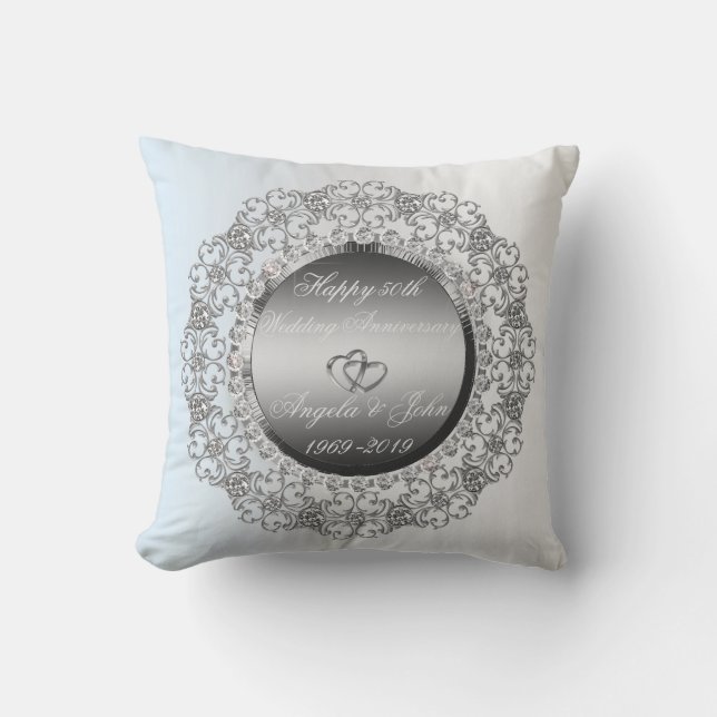 Silver Hearts Diamonds 50th Wedding Anniversary Cushion (Front)
