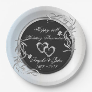 Silver Hearts,Floral Wedding Anniversary Paper Plate