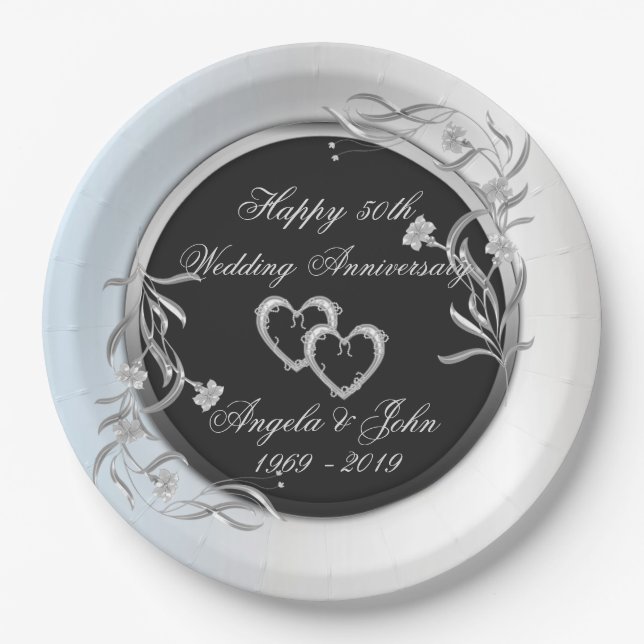 Silver Hearts,Floral Wedding Anniversary Paper Plate (Front)