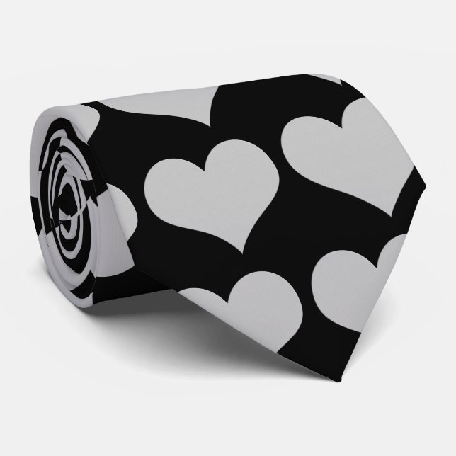 Silver Hearts on Black Romantic Tie (Rolled)