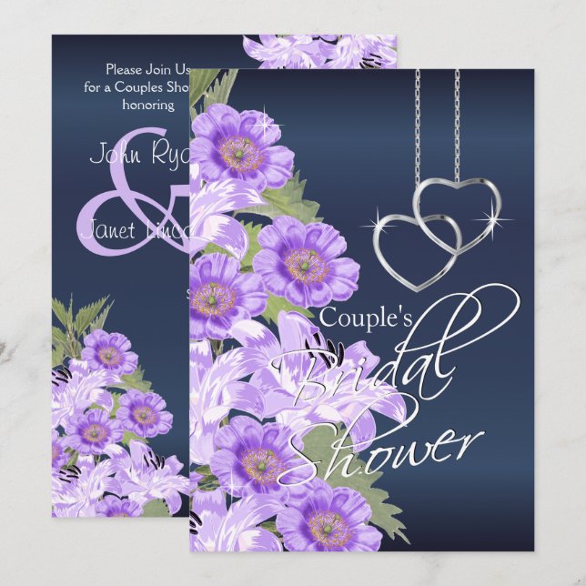 Silver Hearts on Lavender & Navy Satin  Invitation (Front/Back)