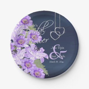 Silver Hearts on Lavender & Navy Satin Paper Plate