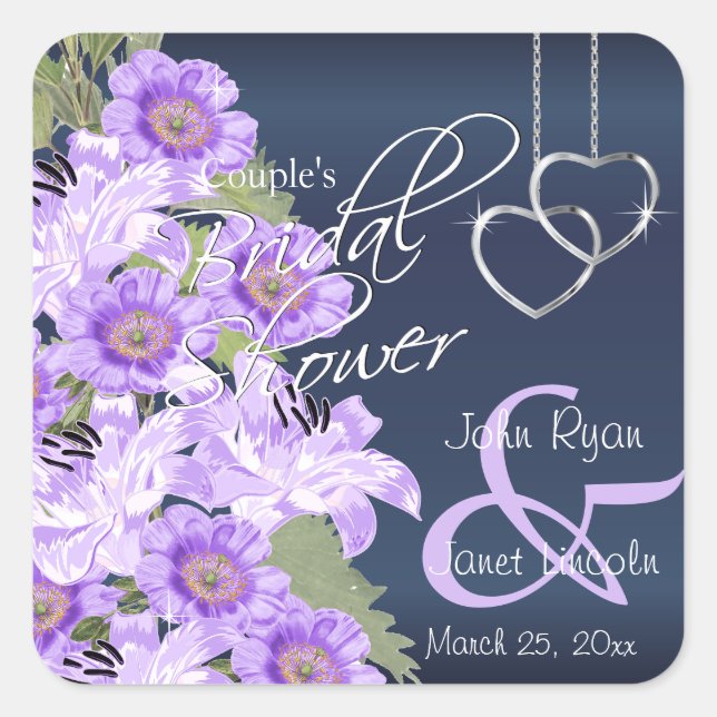 Silver Hearts on Lavender & Navy Satin Square Sticker (Front)