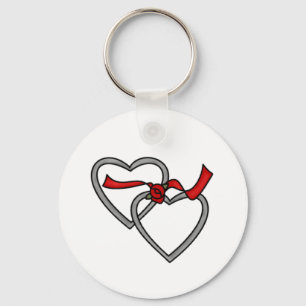Silver Hearts Red Ribbon Keychain