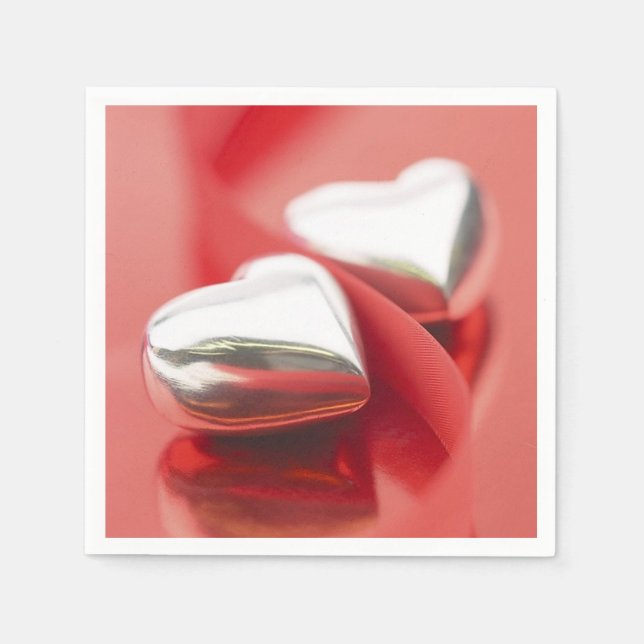 Silver Hearts Red Ribbons Napkins (Front)