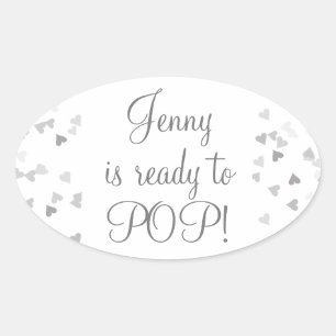 Silver Hearts She's Ready to Pop Baby Shower Oval Sticker